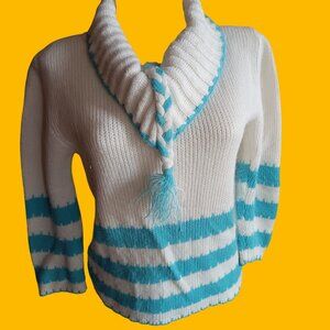 Small Vintage 1970's Sweater Aqua Striped Braided Detail & Tassels Acrylic Hippy